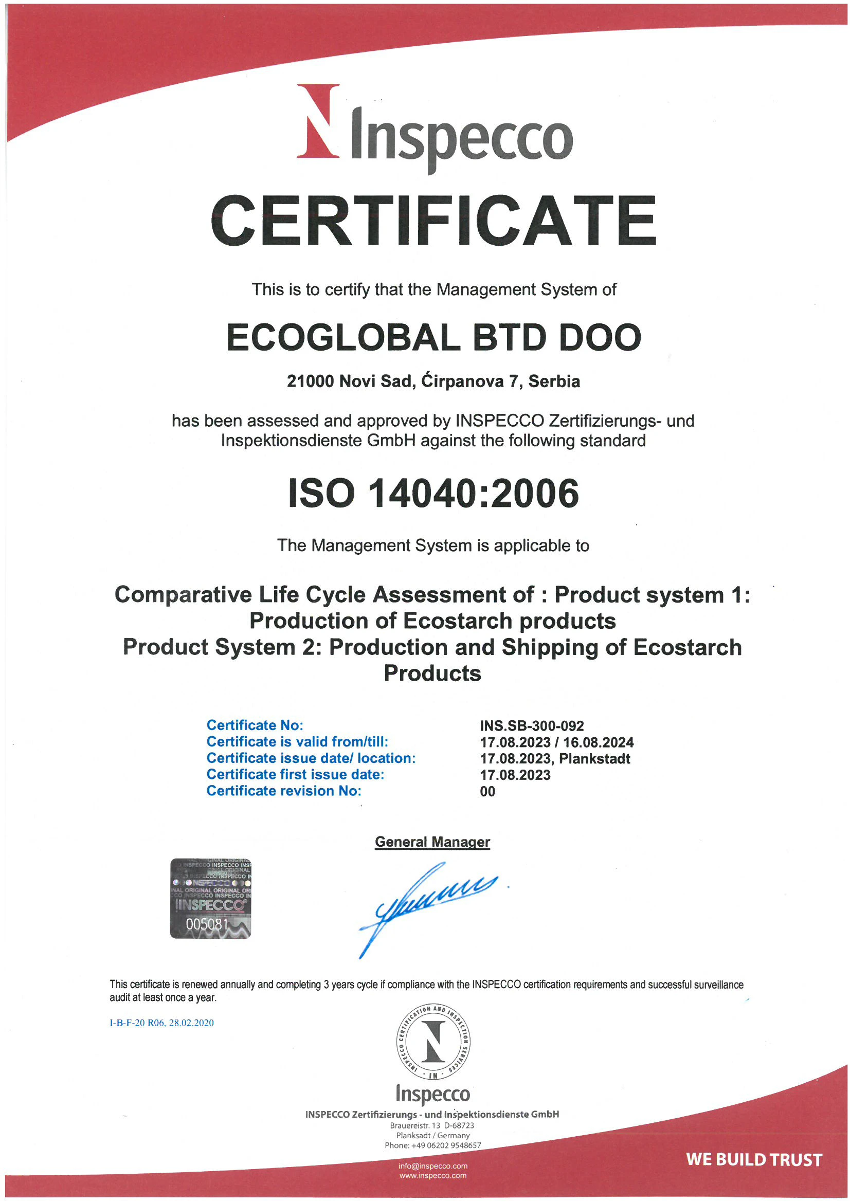 ISO 14040-2006 certificate.