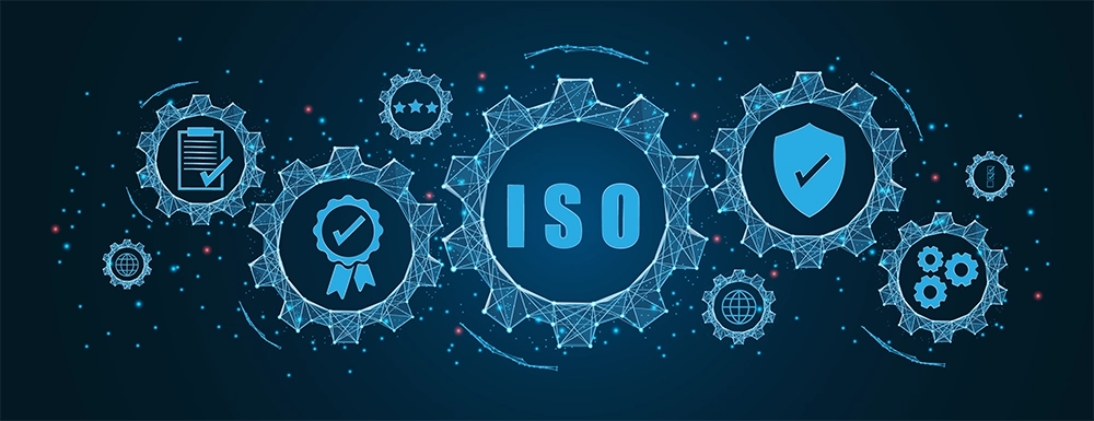 A digital illustration featuring the acronym “ISO” in large, white letters at the center, surrounded by various symbolic icons connected by dotted lines on a dark blue background. The icons include a shield with a check mark, gears, a globe, a document with a check mark, and other symbols representing quality assurance and standardization processes. The overall design conveys the concept of International Standards Organization (ISO) certification and its network of standards in global operations.